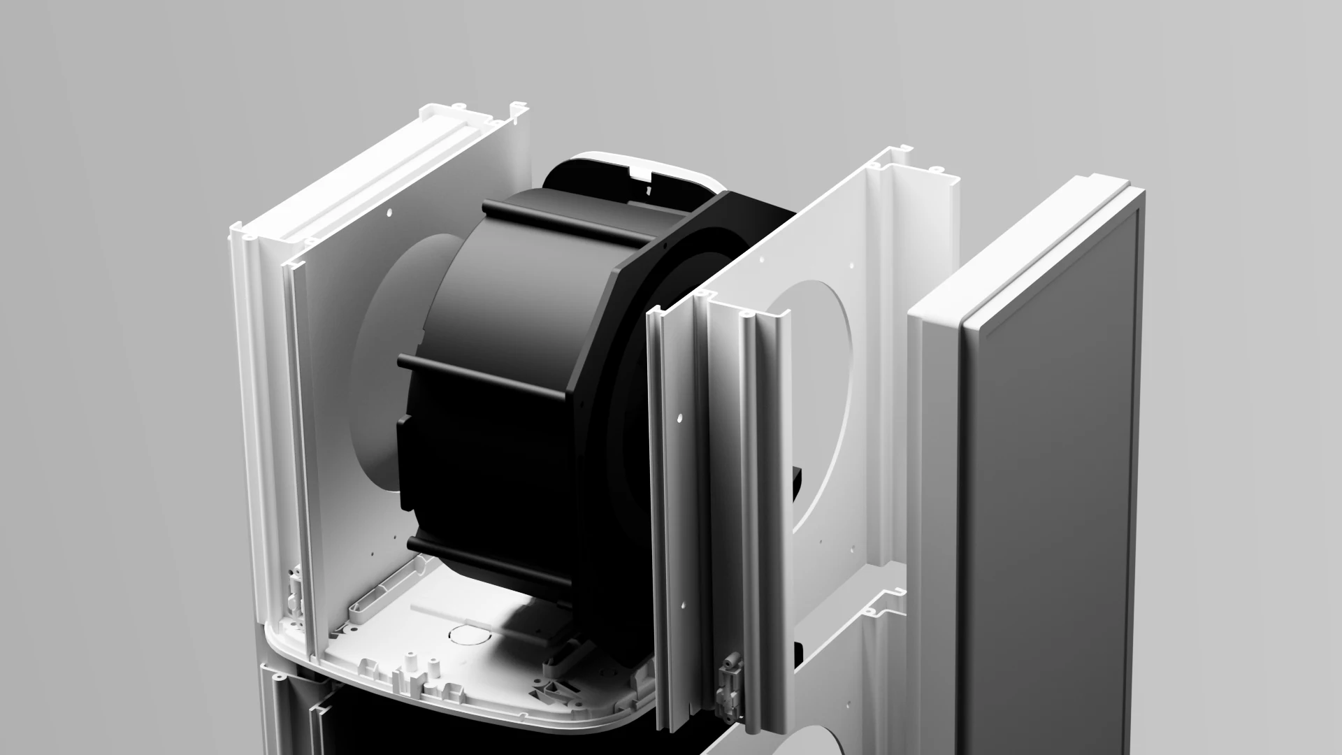 Exploded view of a mechanical assembly in white and black