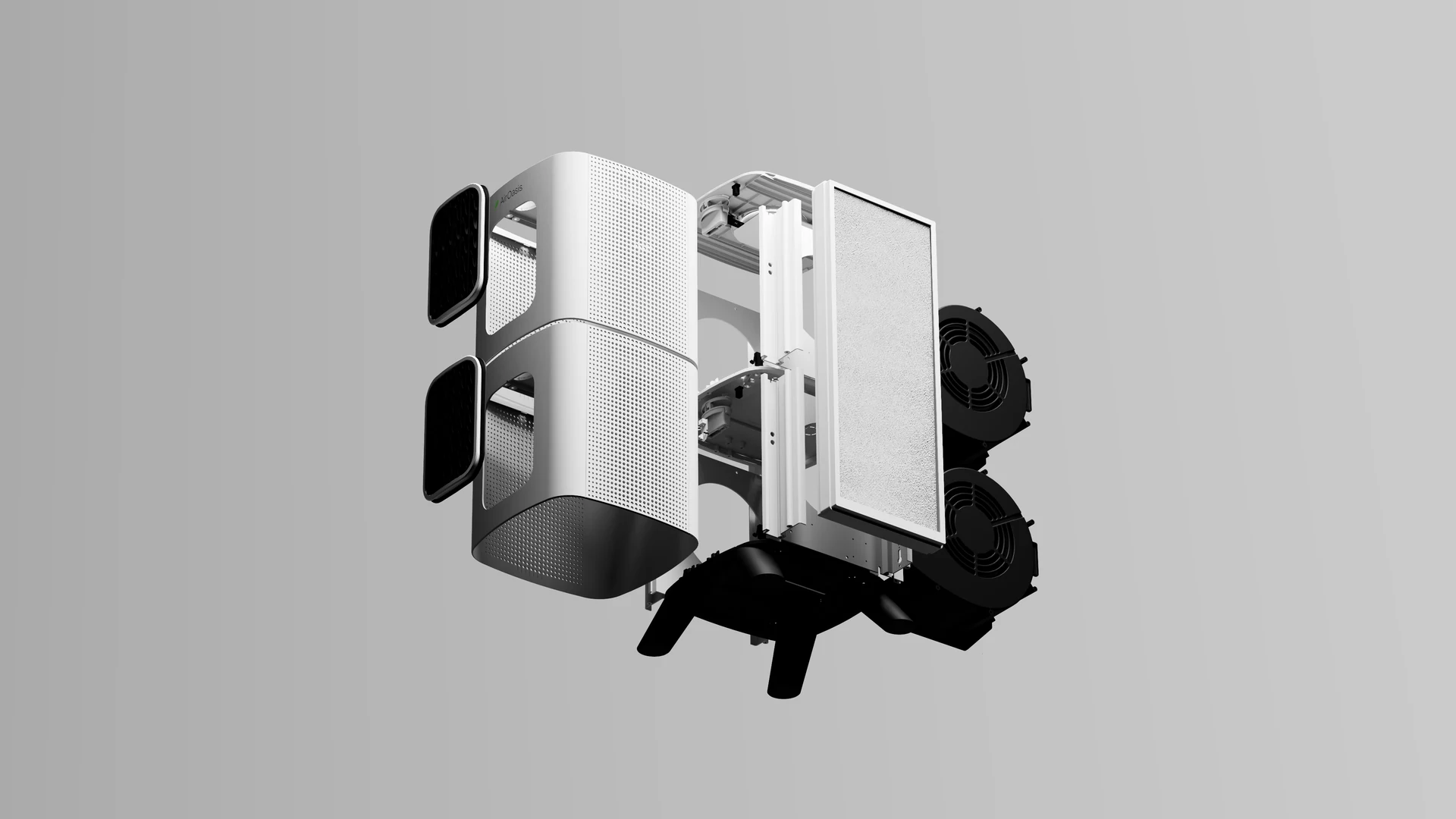 Suspended mechanical components on a grey background
