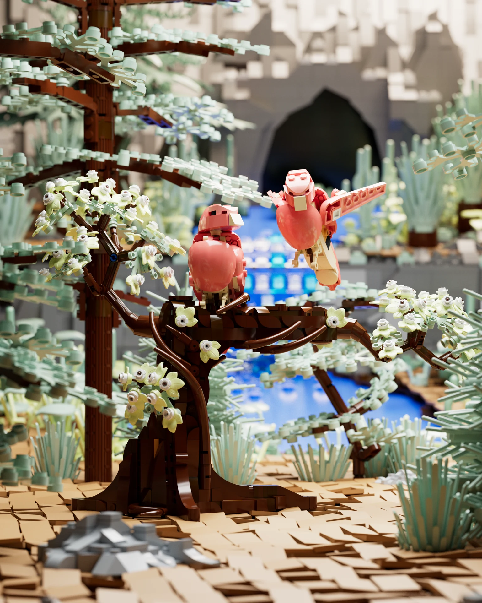 Voxel characters in a sunlit forest