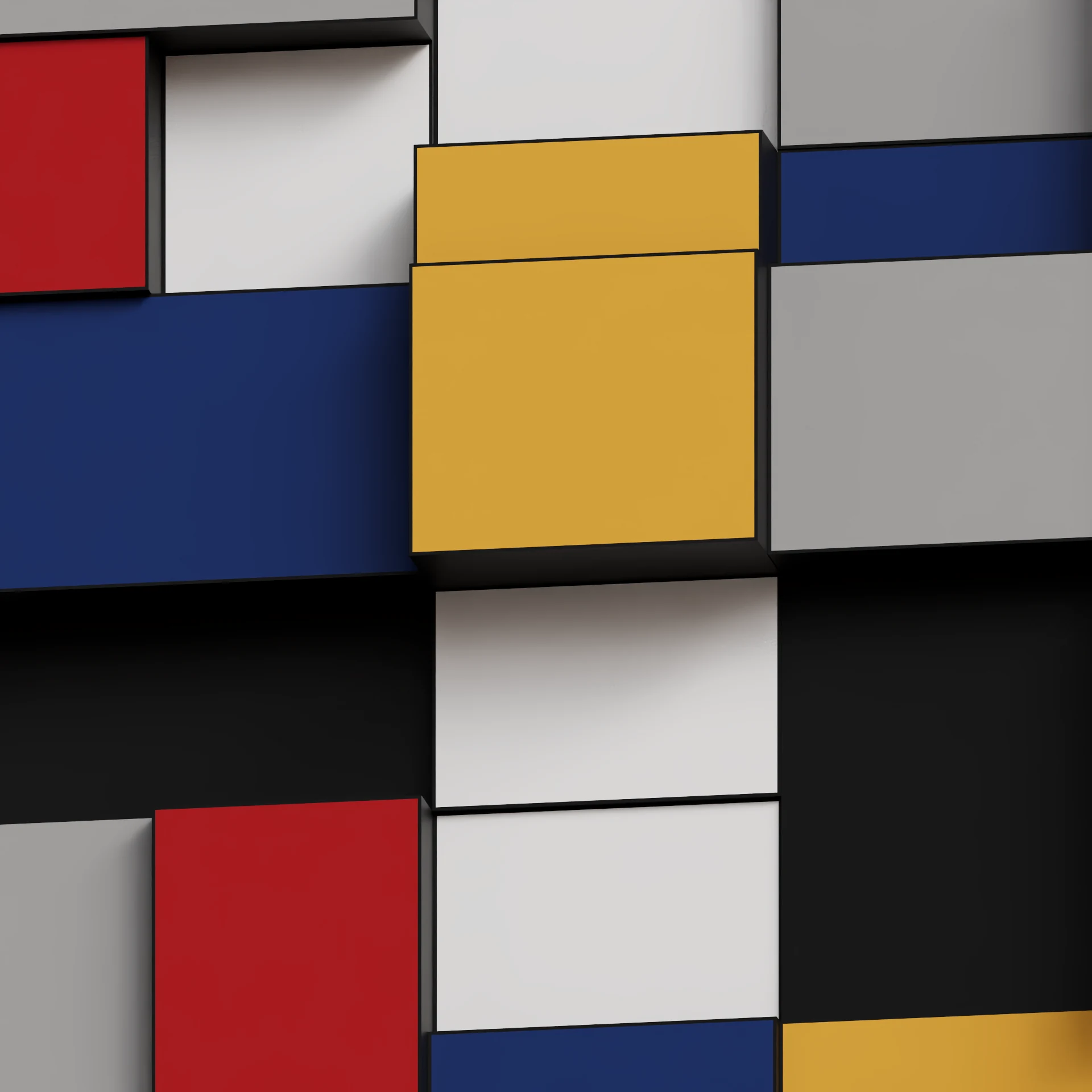 Geometric panels in red, blue, yellow and white