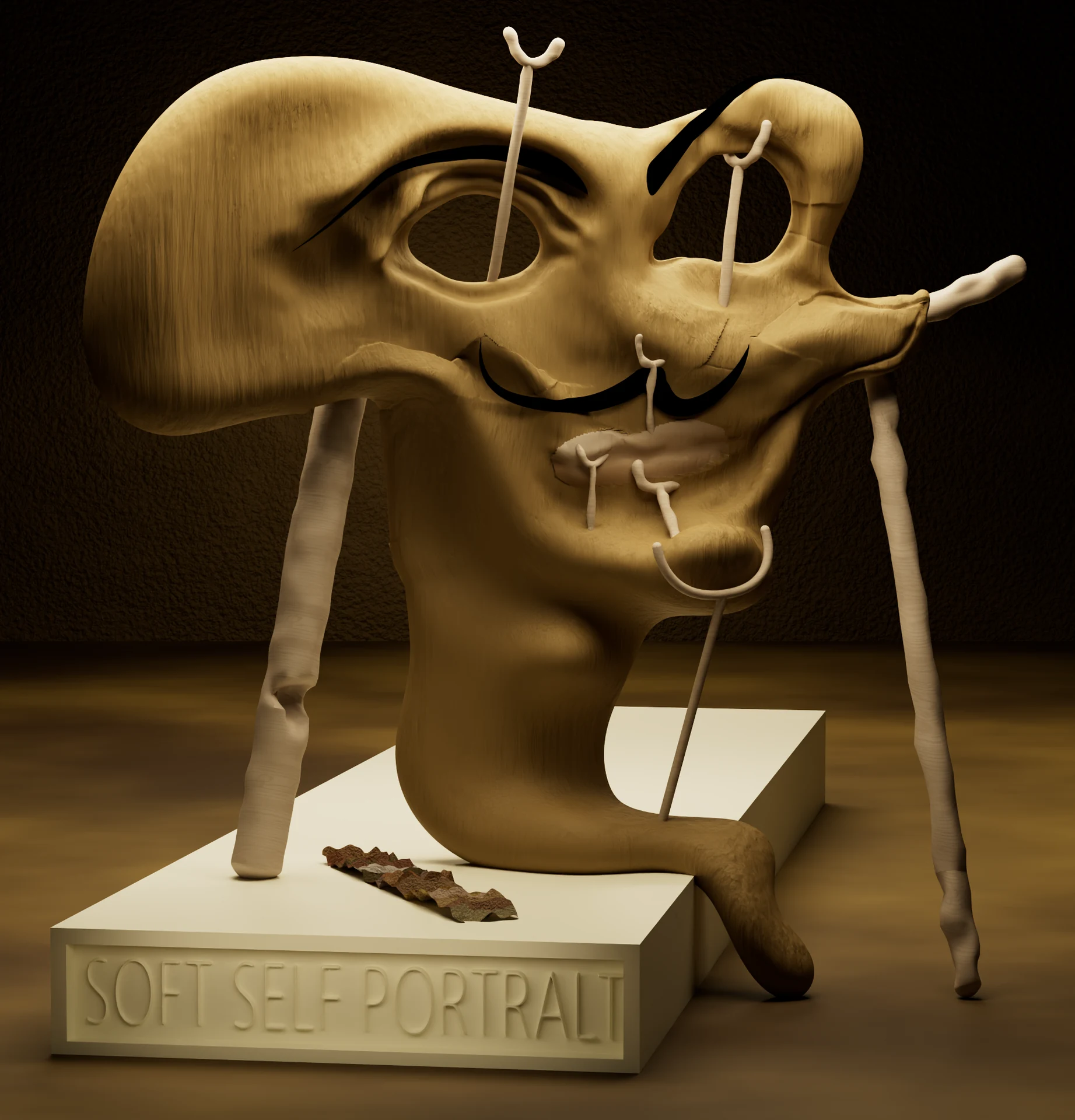 Surreal golden sculptural forms on a pedestal
