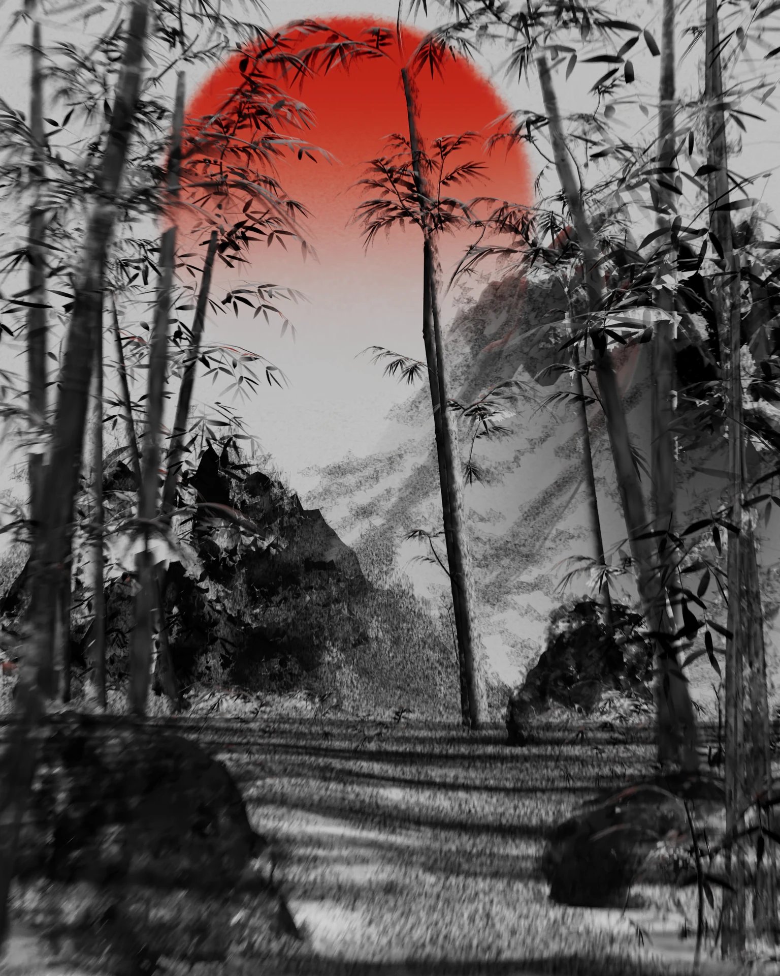 Monochrome forest reflected in water beneath a red sun