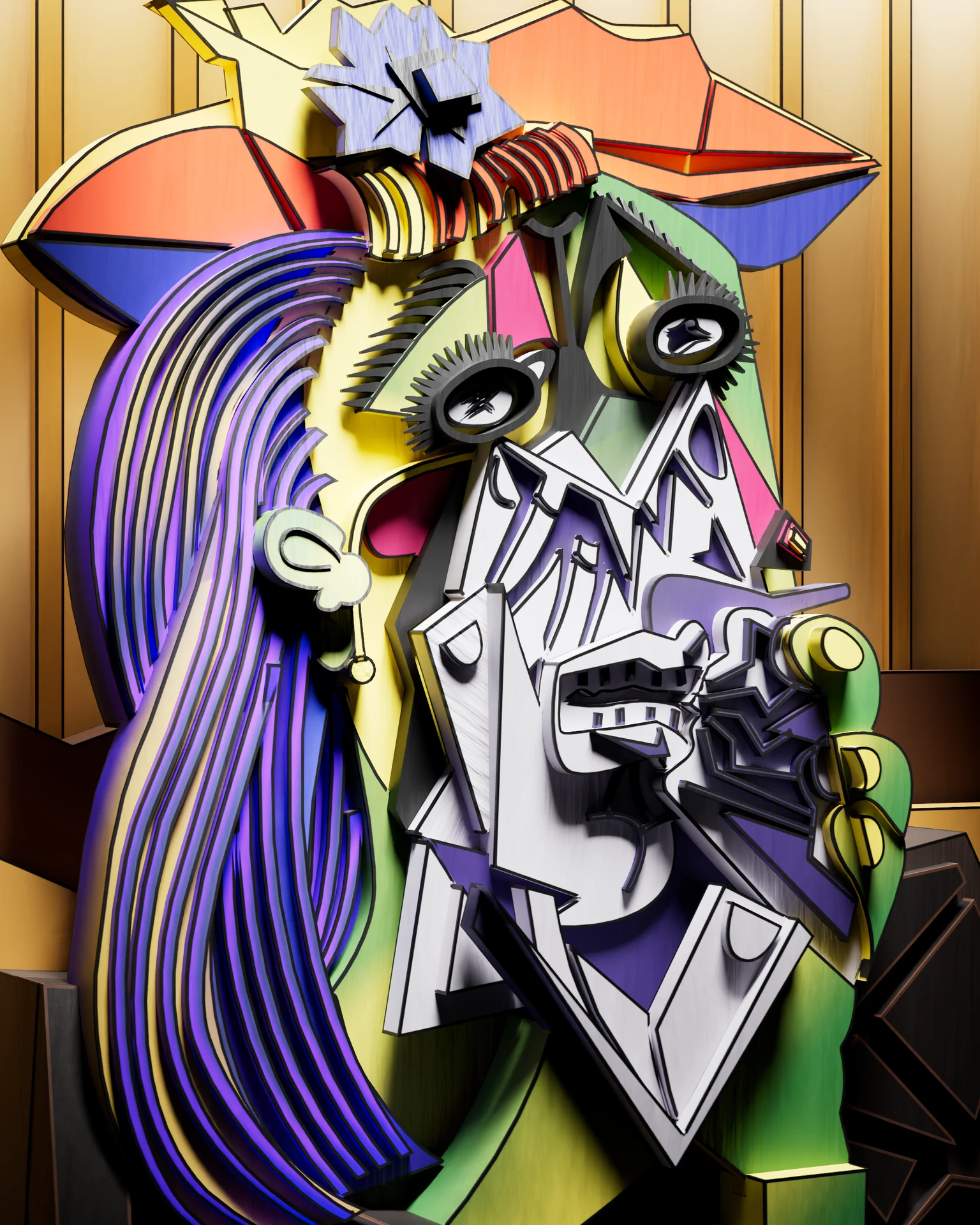 Colourful angular portrait rendered in three dimensions
