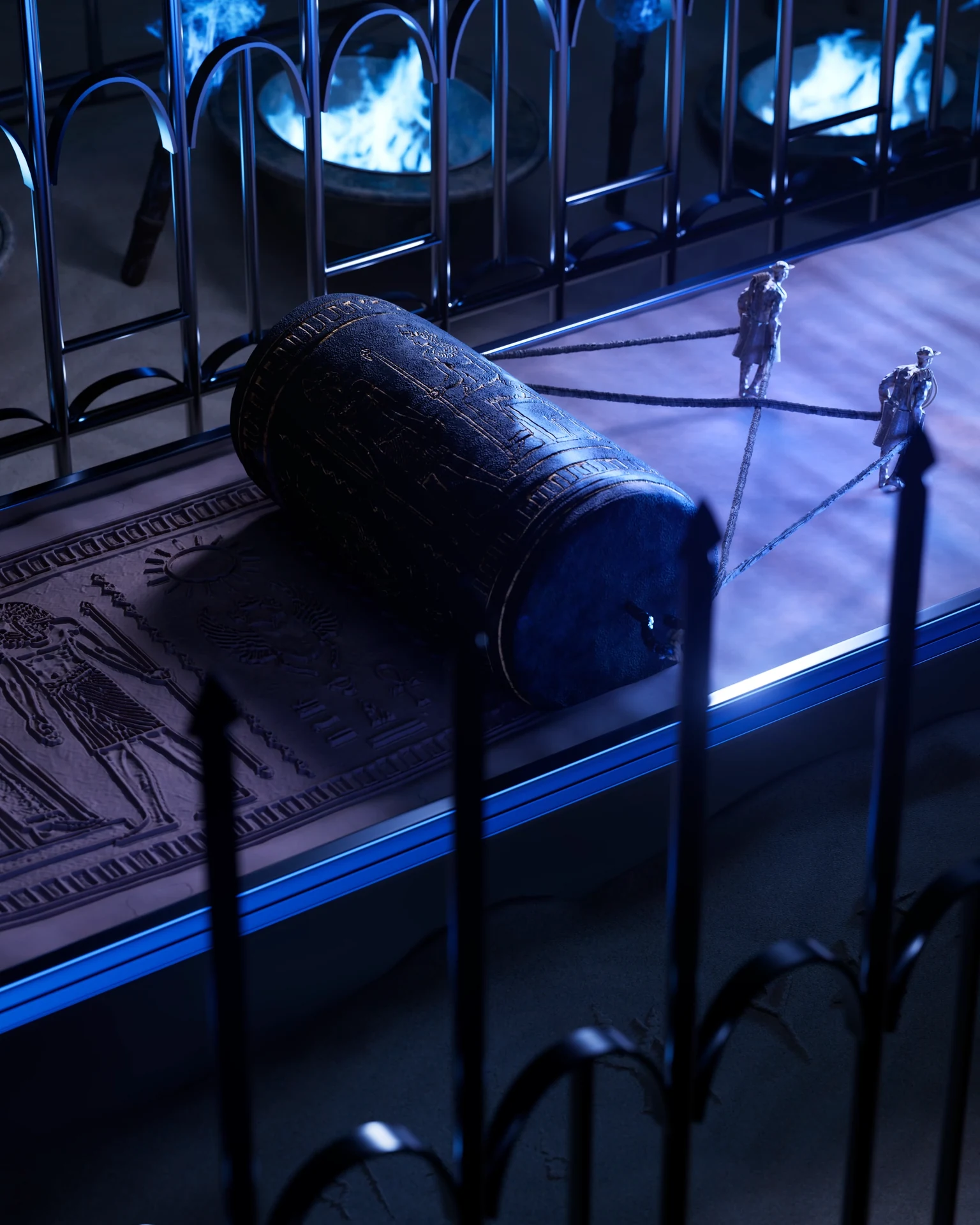 Blue-lit object on a metal platform