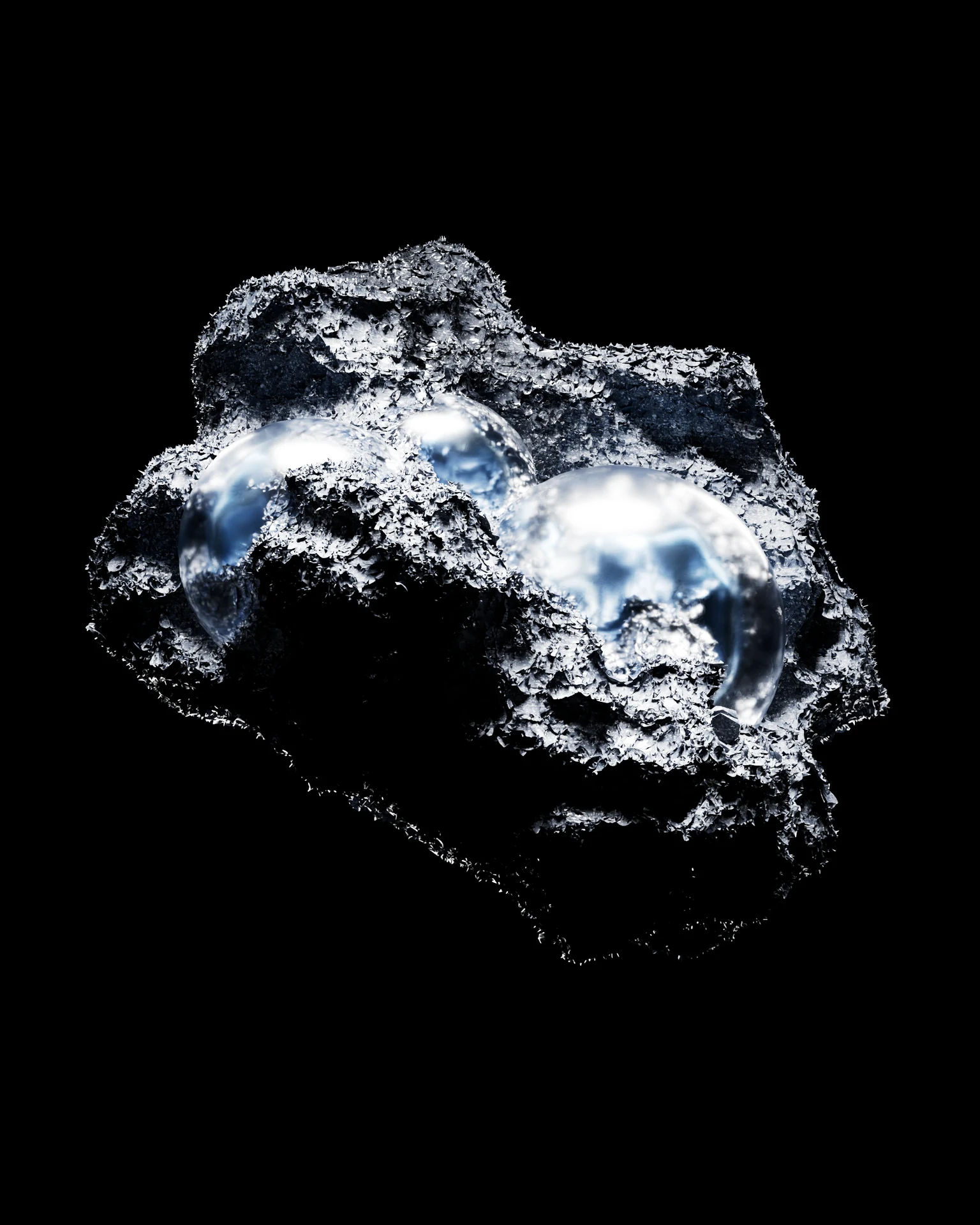 Reflective textured rock on a black background