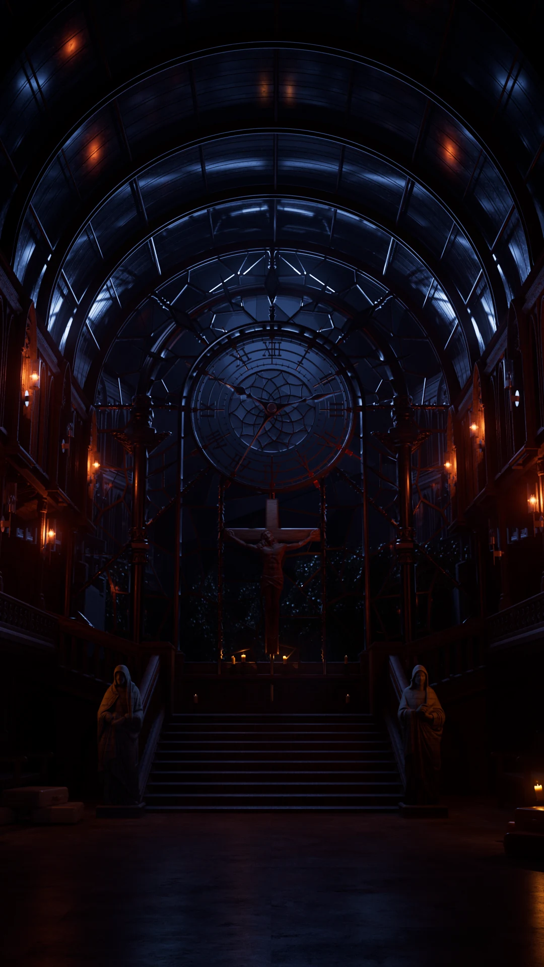 Dark arched corridor with blue and orange lighting