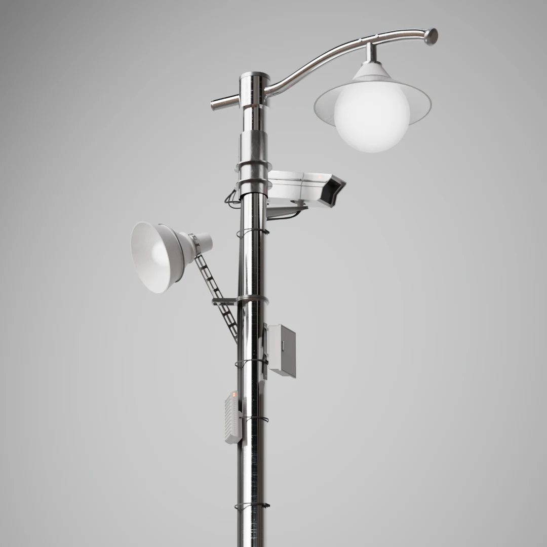 White industrial lamps mounted on a metal pole