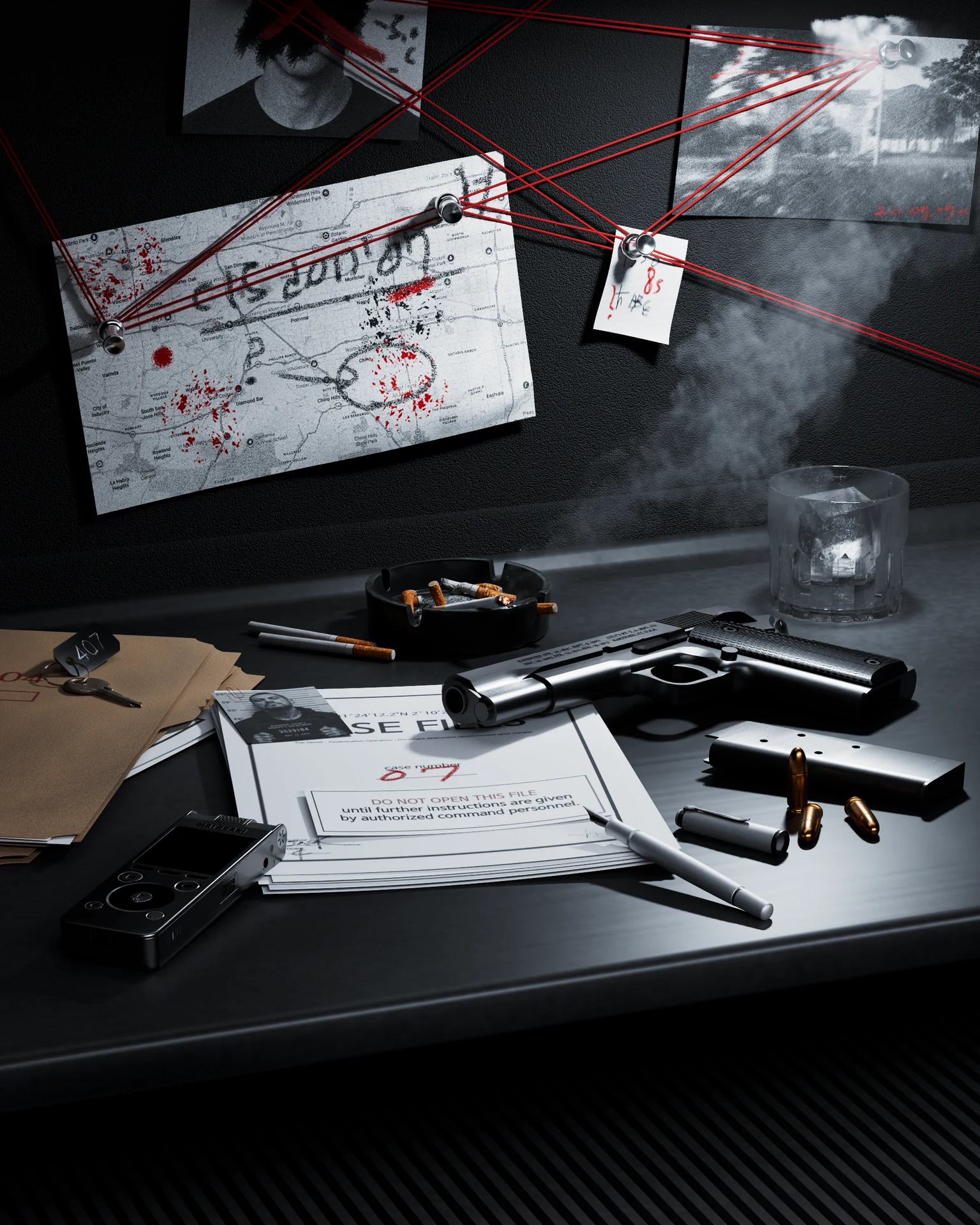 Desk scene with a gun, papers and photographs