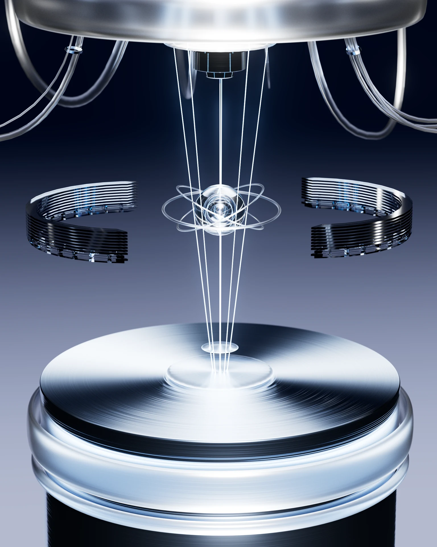 Exploded metallic assembly with glowing connecting lines