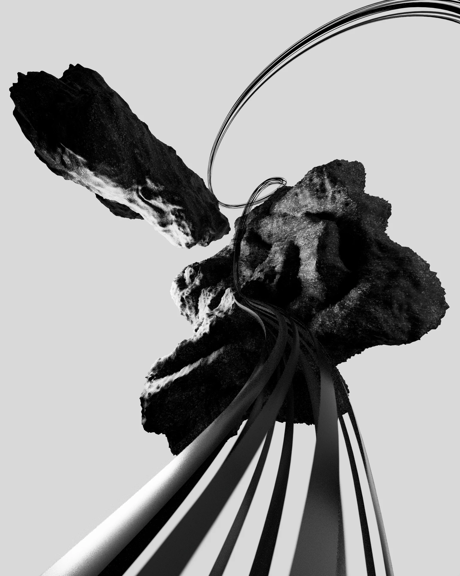 Abstract dark sculpture with curved wires