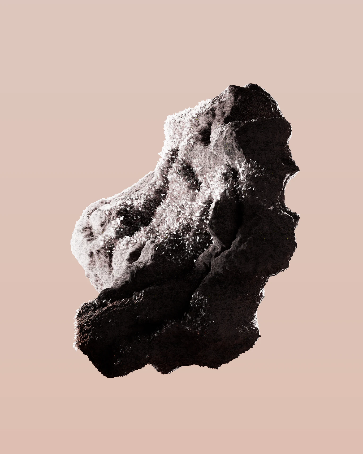 Textured rock floating against a pale pink background
