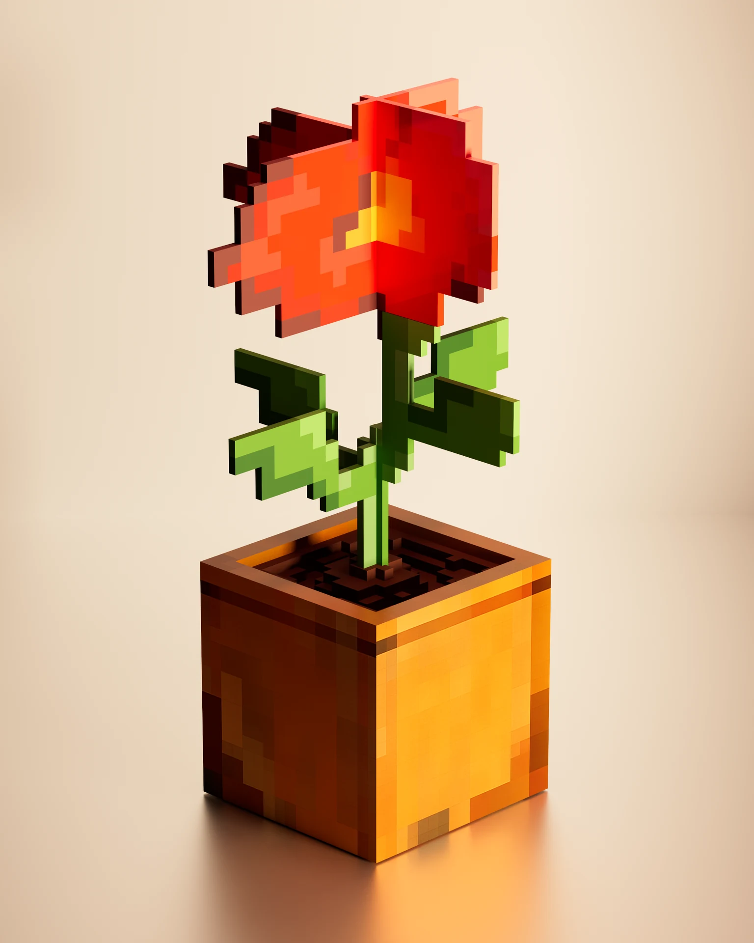 Voxel red flower in a wooden planter