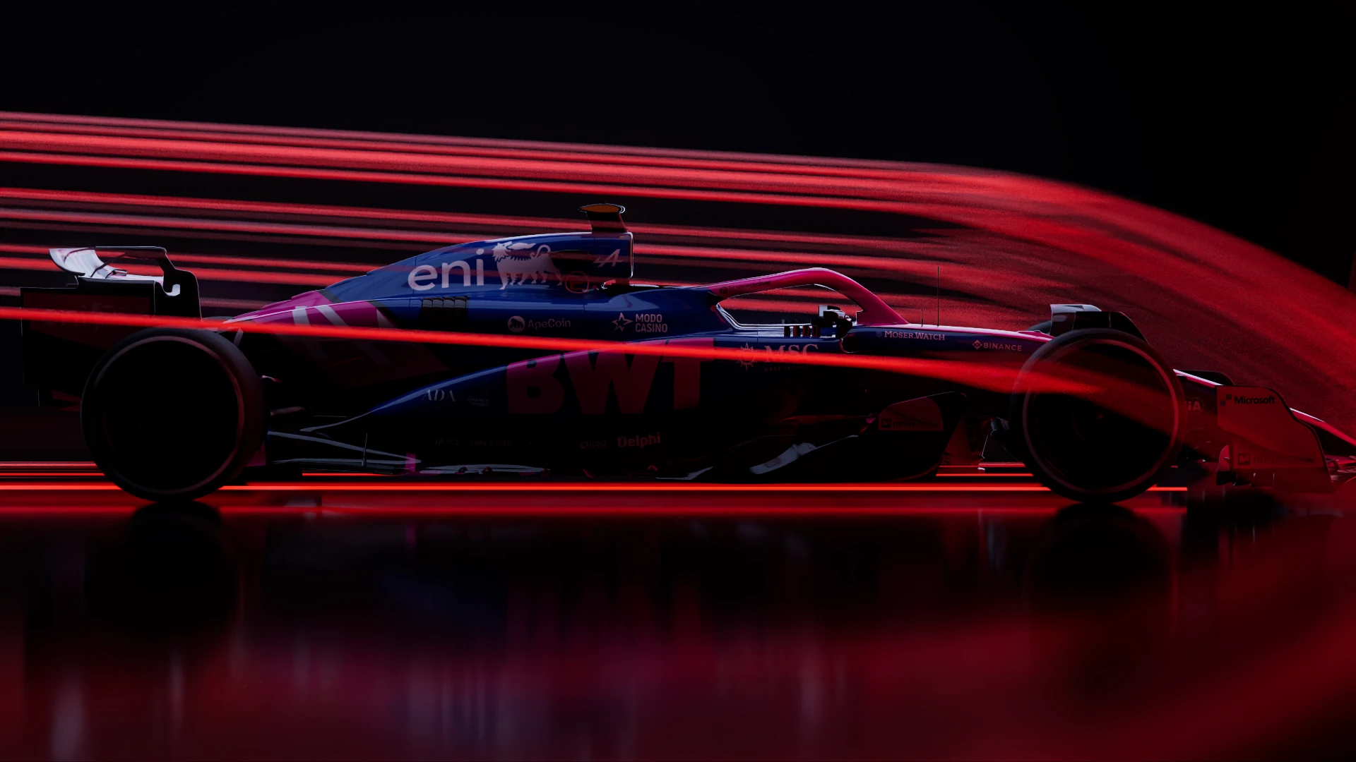 Side view of a Formula 1 car with red light trails