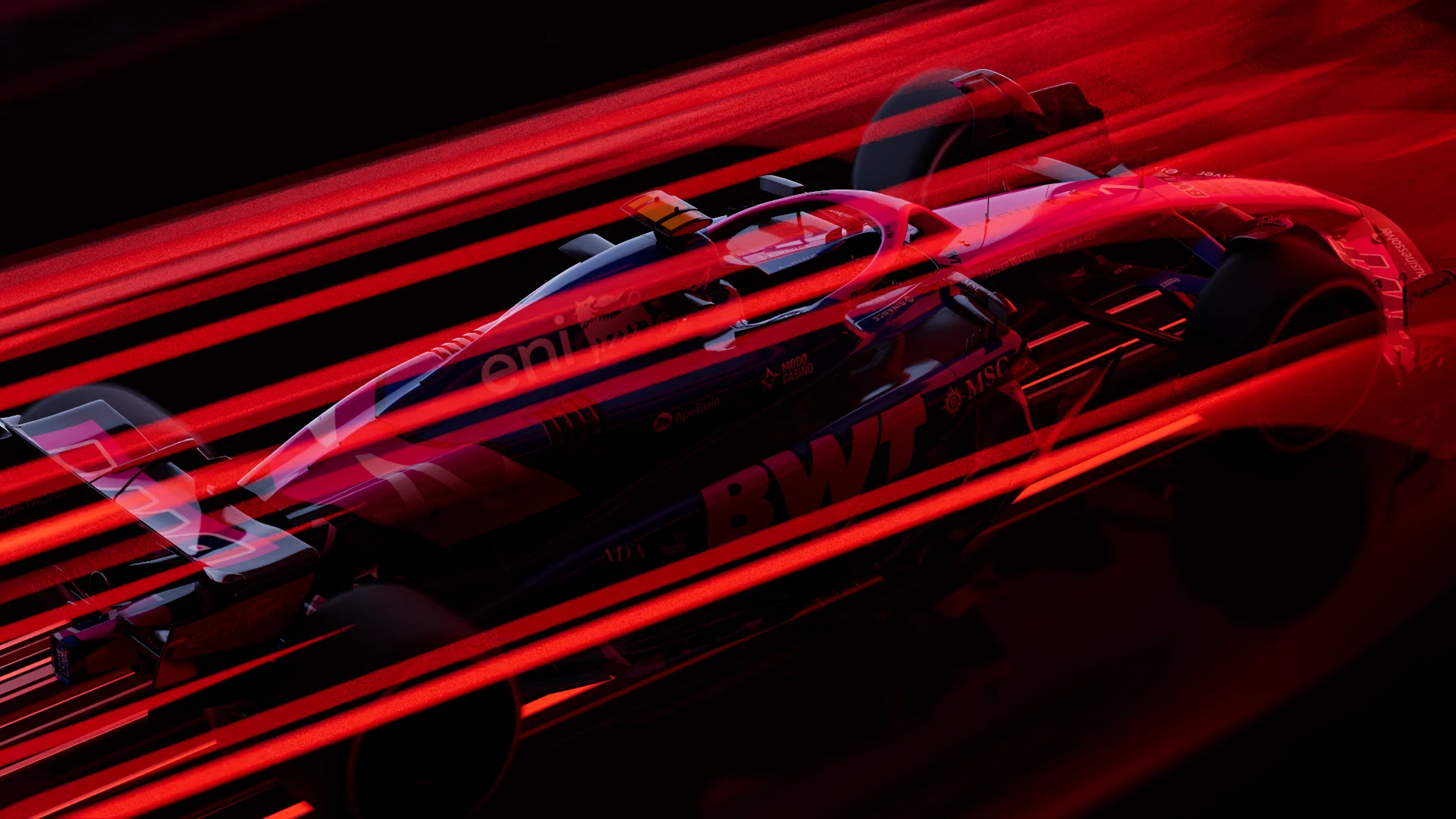 Formula 1 car detail with diagonal red light trails