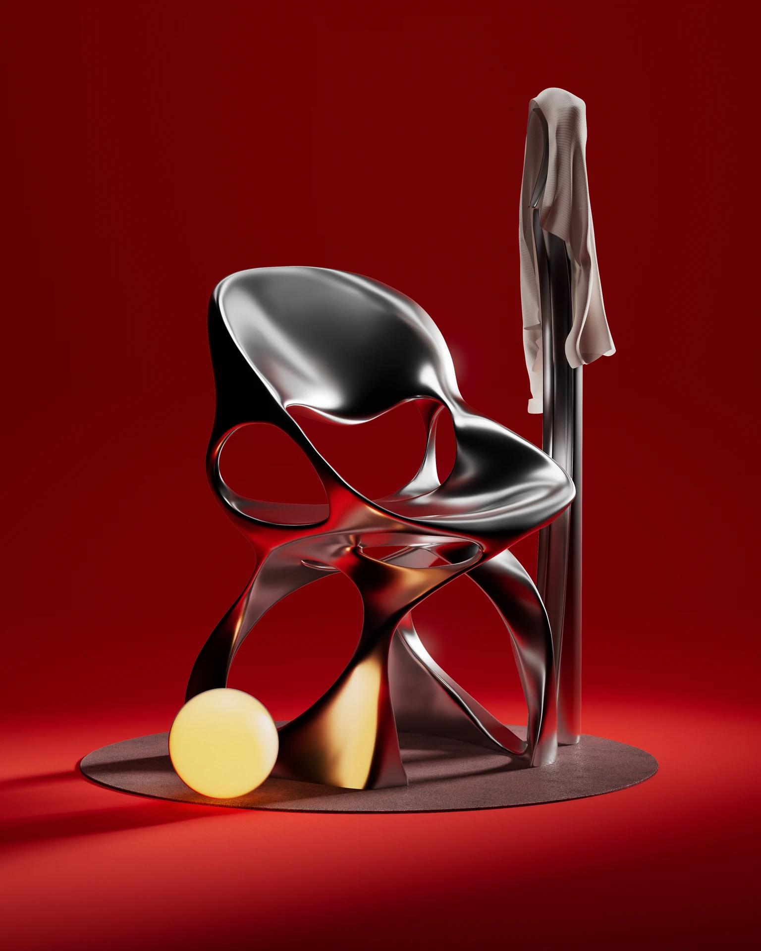 Reflective sculptural arrangement against a red background