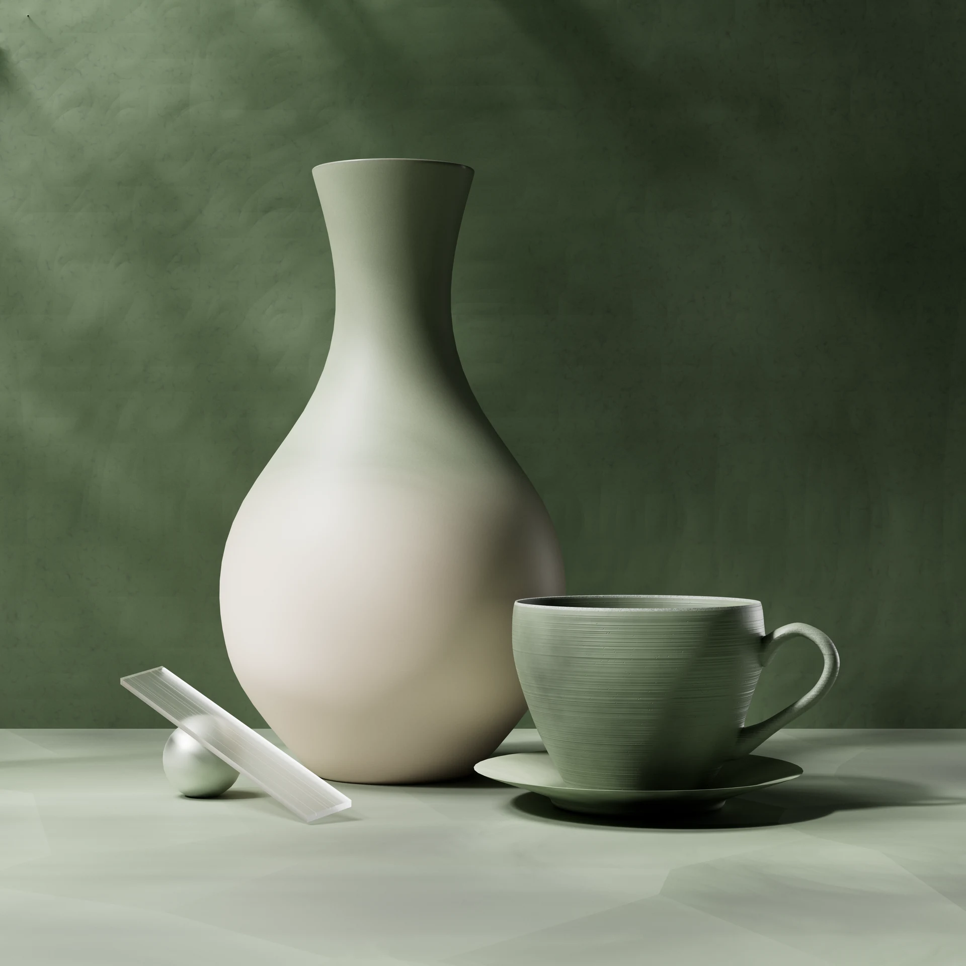 Pale vase and cup in a green still life