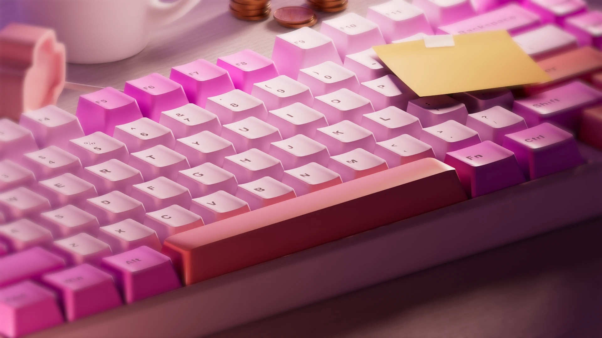 Pink and white keyboard with a yellow note