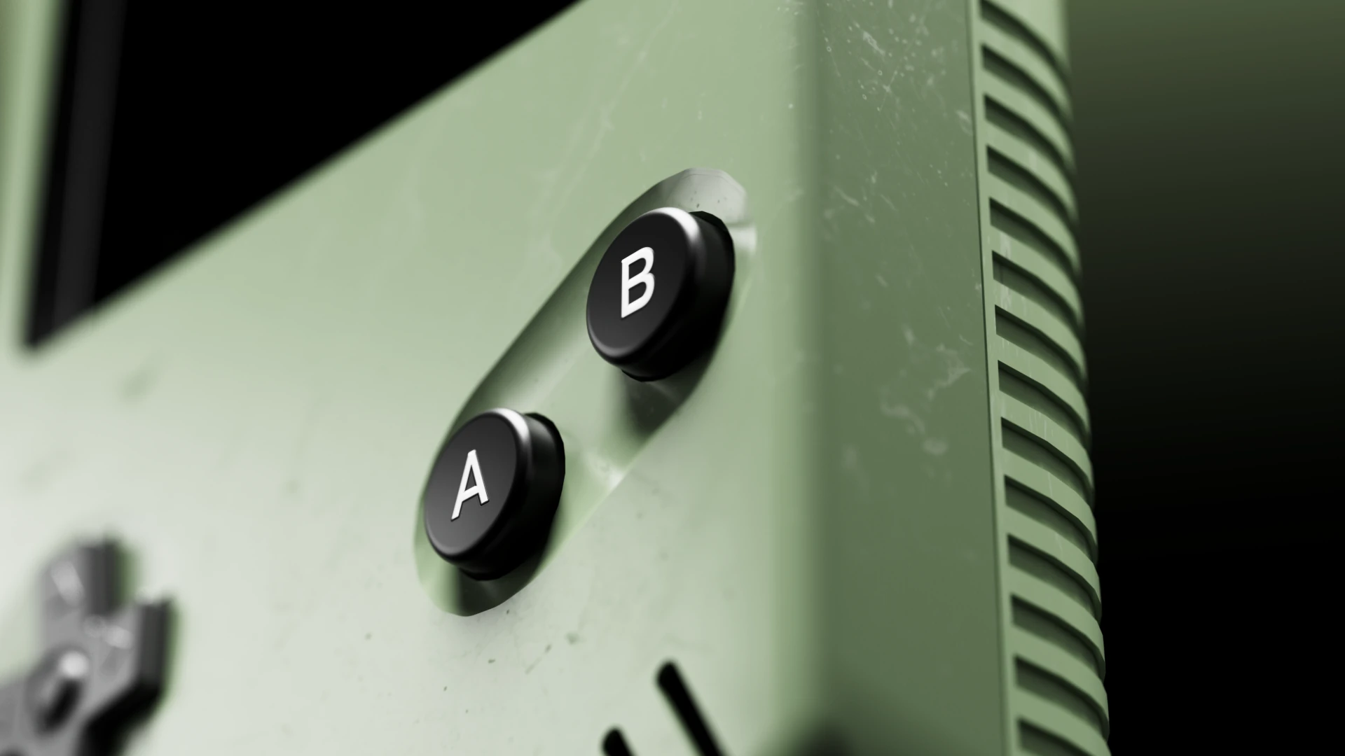 Close-up of the A and B buttons and textured green casing