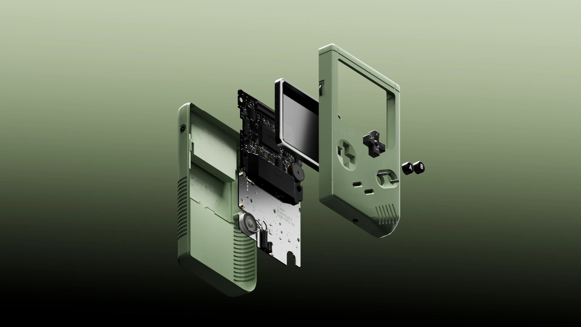 Exploded view of the Game Boy casing, screen and internal components